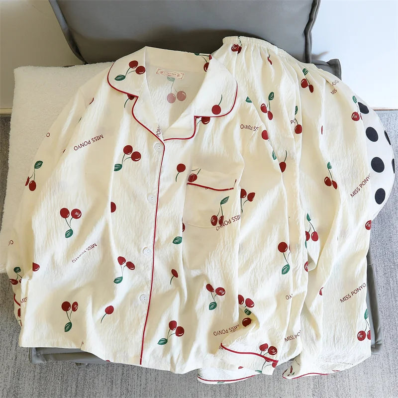 Cherries Print Two Pieces Cotton Pants and Top Set
