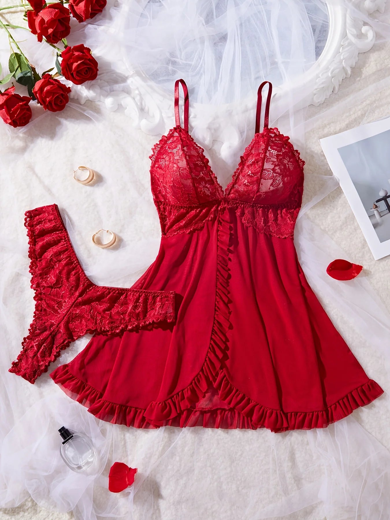 Sexy Lace Lingerie with Matching Panties V-Neck Sheer Lace Camisole Nightie