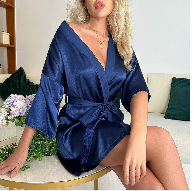 Ladies Bride- style Morning 3/4 Sleeve Loose Female Silk Satin Kimono Lingerie Gown