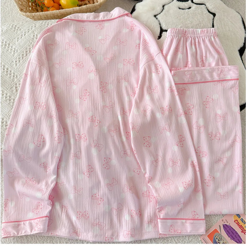 Women's Pink Bow Collar Loose Pajamas Long Sleeve Long Pants Set