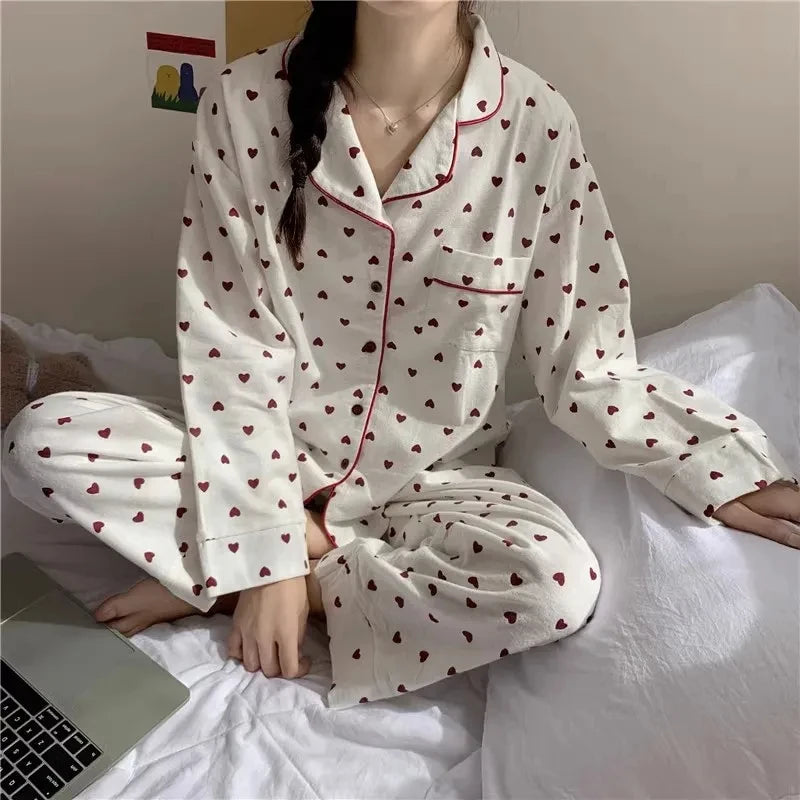 Peach Heart Long Sleeves Silk Pajamas