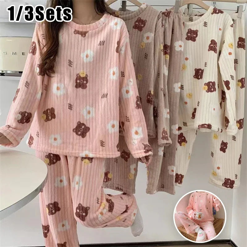 Fleece Print Warm Set Cozy Sleepwear Cute Cartoon Home Outfit Comfortable Loungewear Soft Pajamas