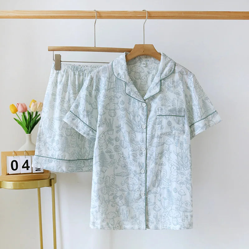 Double Layer Gauze Breathable Cotton Fashion Print Short Sleeved Soft Thin Two-piece Pajama Set