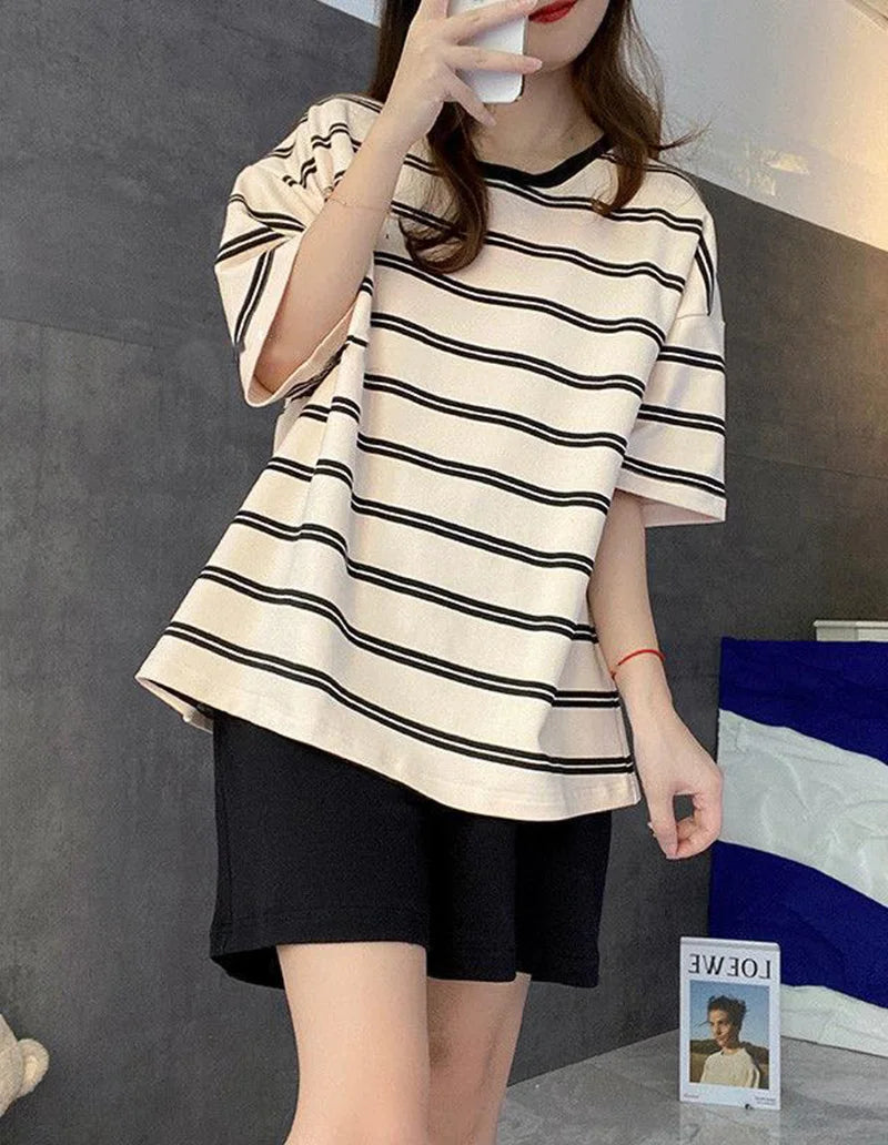 Oversized Women Striped Short Sleeve Shorts Two-piece with Self Chest Pads