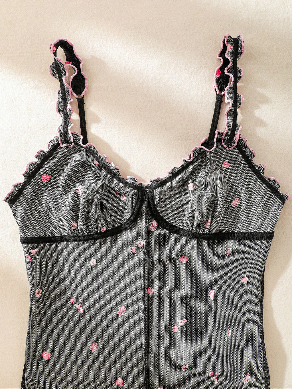 Cute Black Embroidered Rose One-piece Sleeveless Pajama Jumpsuit