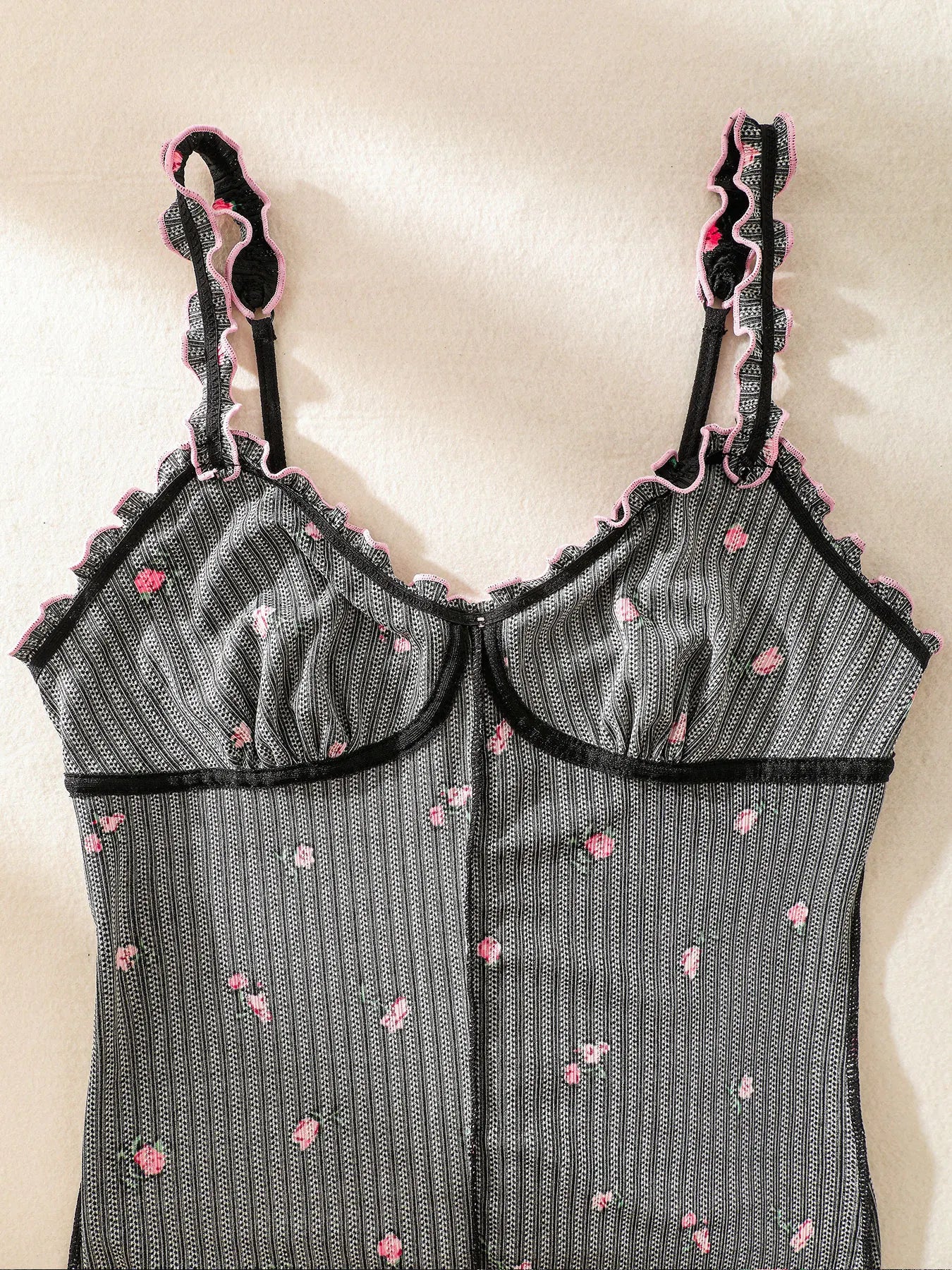 Cute Black Embroidered Rose One-piece Sleeveless Pajama Jumpsuit