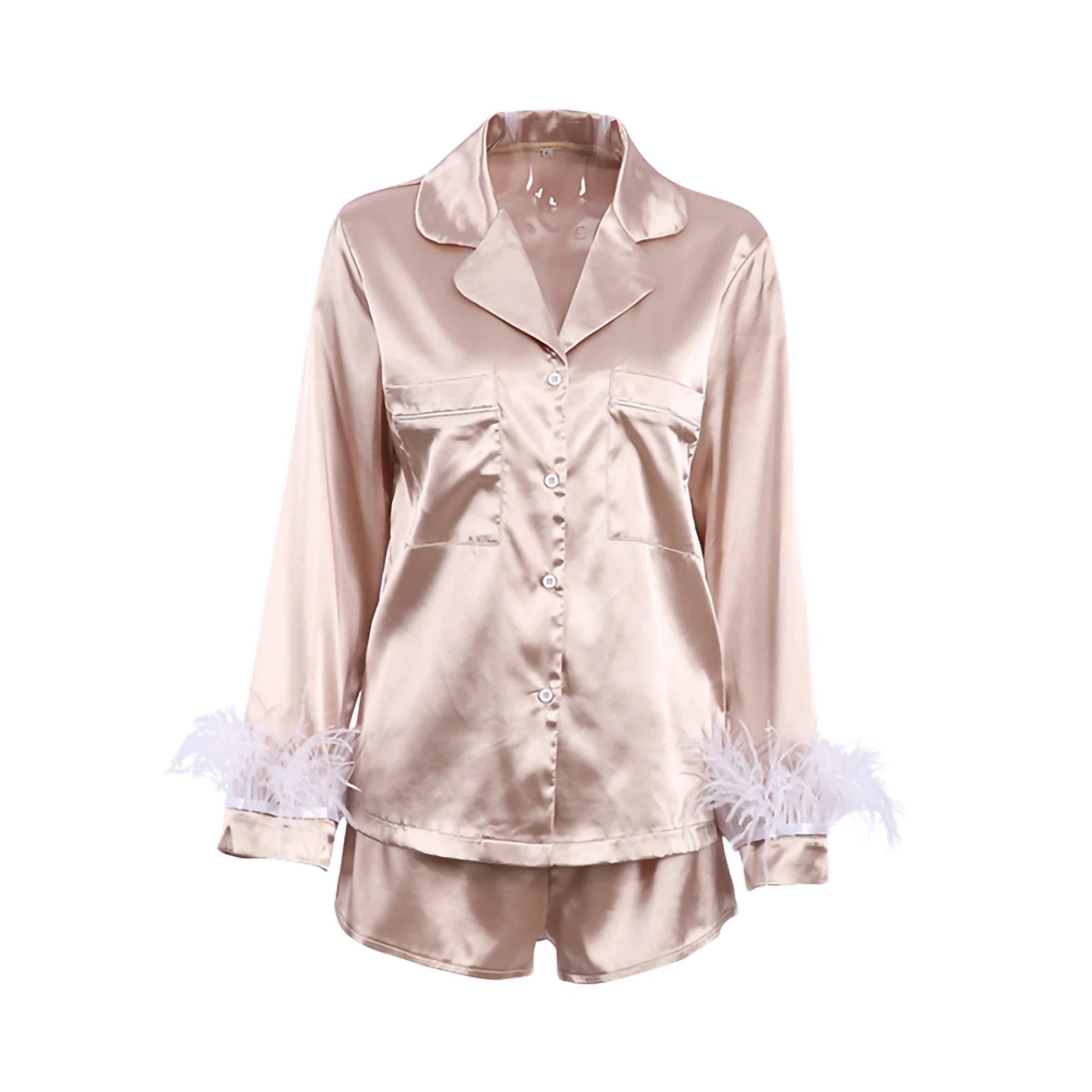 Patchwork Feather Cuffs Solid Color Long Sleeve Button Shirt with Short Pants Loose Loungewear
