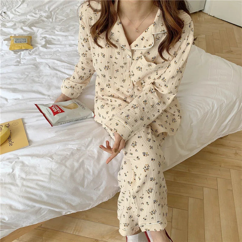 Long-Sleeved Rustic Style Floral Imitation Cotton Wrinkled Cloth Loose Pajamas