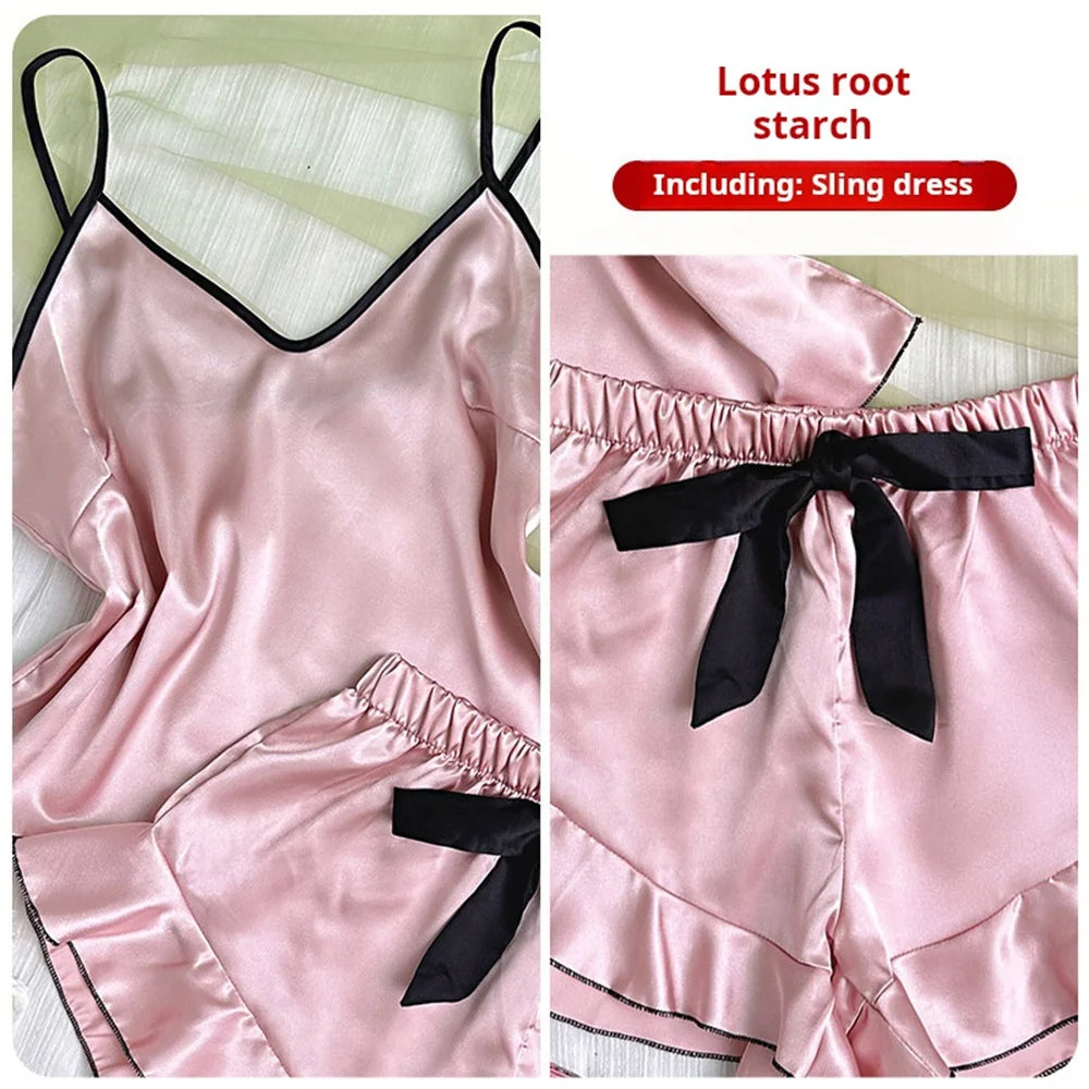 Smooth Satin Pajamas V-Neck T-Shirt Ruffled Edges And Bow Shorts Pajama Set
