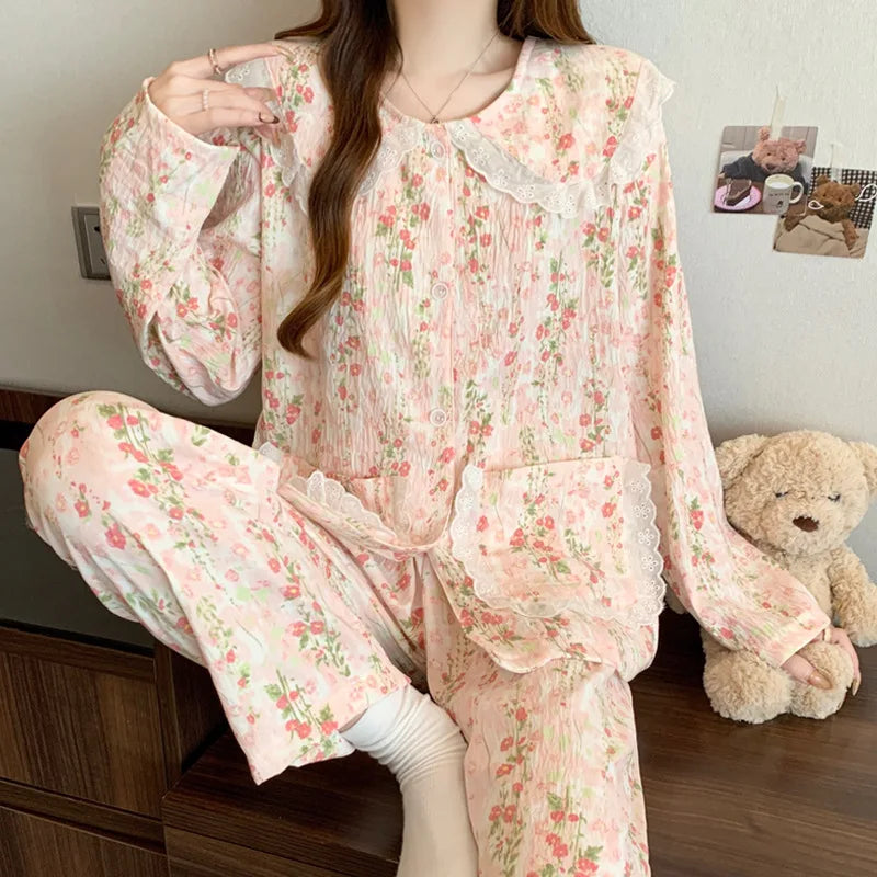 Spring Cloud-Print Cotton-Trimmed Collar Checked Sets