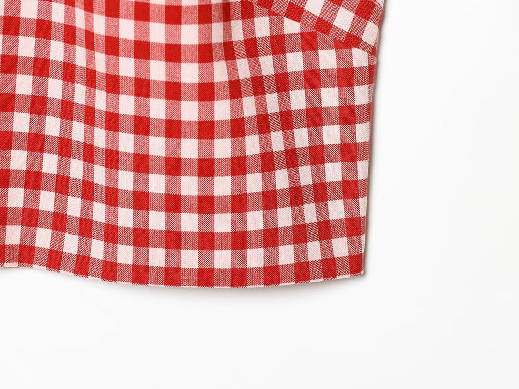 Vintage Red White Plaid 2-Piece Set Collar Zipper Sleeveless Vest+Side Slim Pant