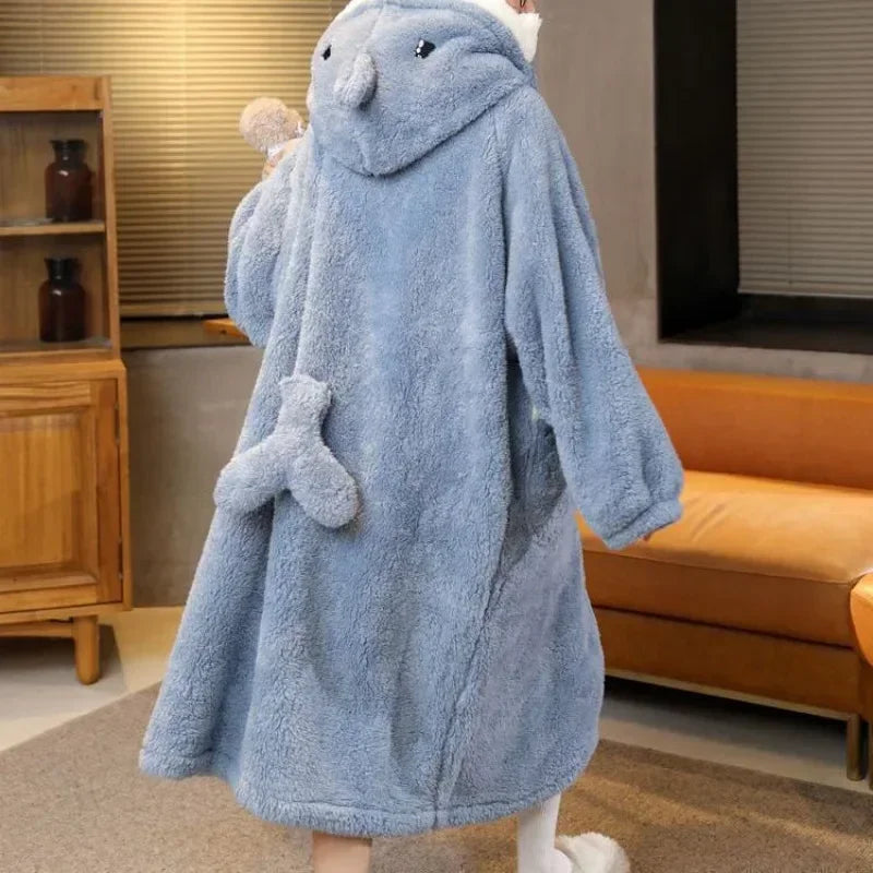 Warm Fleece Shark Robe Women's One Piece Nightgown Long Sleeve Button Up Design Soft Flannel Pajama with Hood