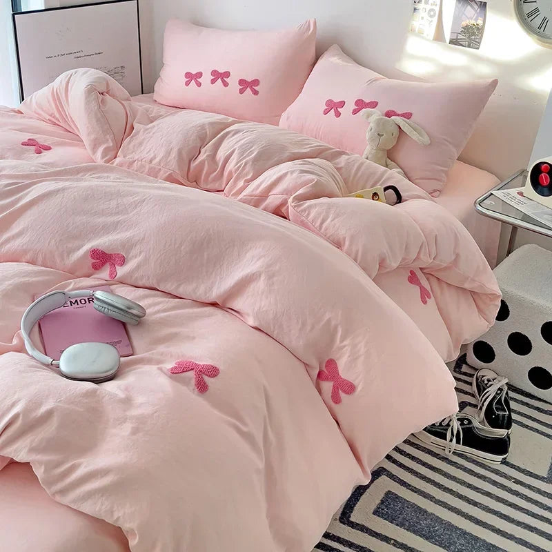 3D Embroidered Bow Quilt Set Cotton Pink Comfortable Soft Bedding