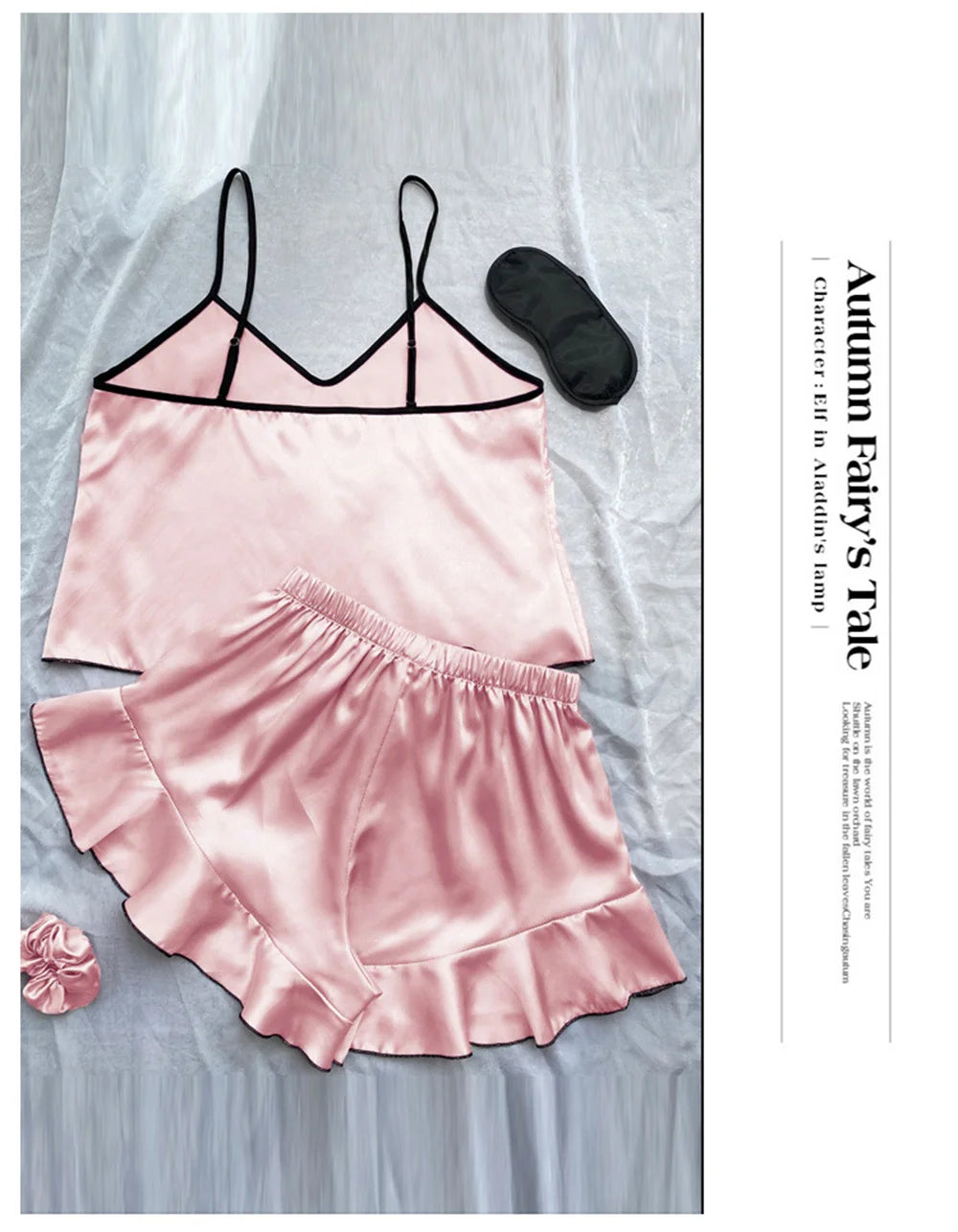 Smooth Satin Pajamas V-Neck T-Shirt Ruffled Edges And Bow Shorts Pajama Set