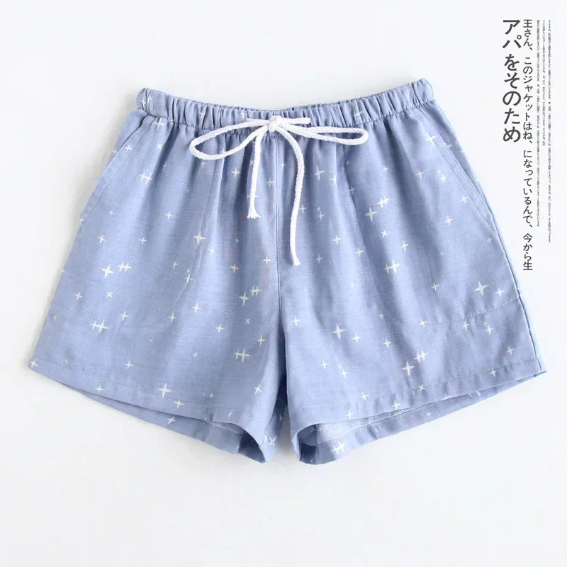 Lattice Style Pure Cotton Gauze Shorts with Simple Elastic Waist
