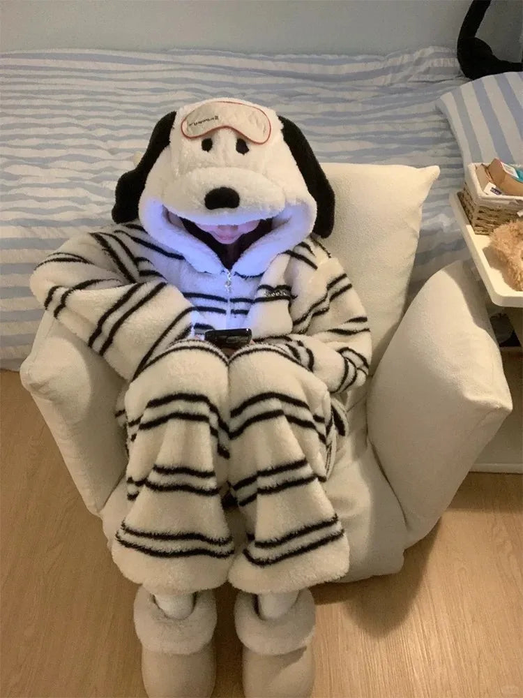 Cute Girl Cartoon Puppy Hooded Coral Fleece Loungewear Set