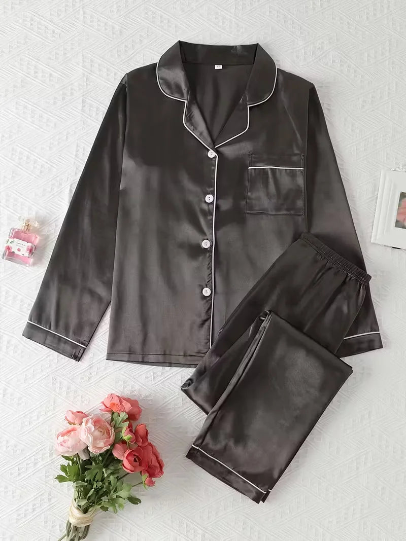 Silk Pajamas Set Casual Soft Breathable and Relaxed Fit Long Shirt Tops and Long Pants Sleepwear