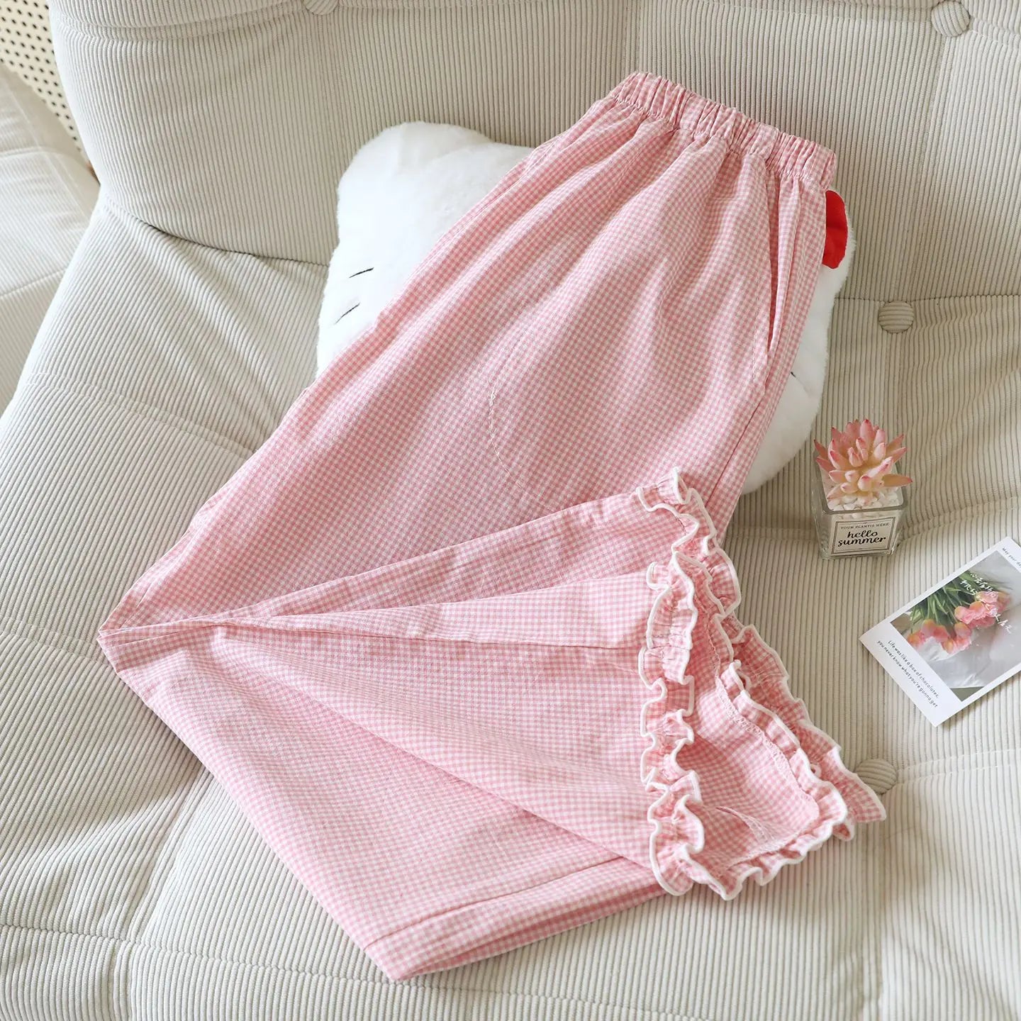 Loose Size Plaid Pajama Pants Elastic Waist Casual Homewear Women Nine-point Trousers
