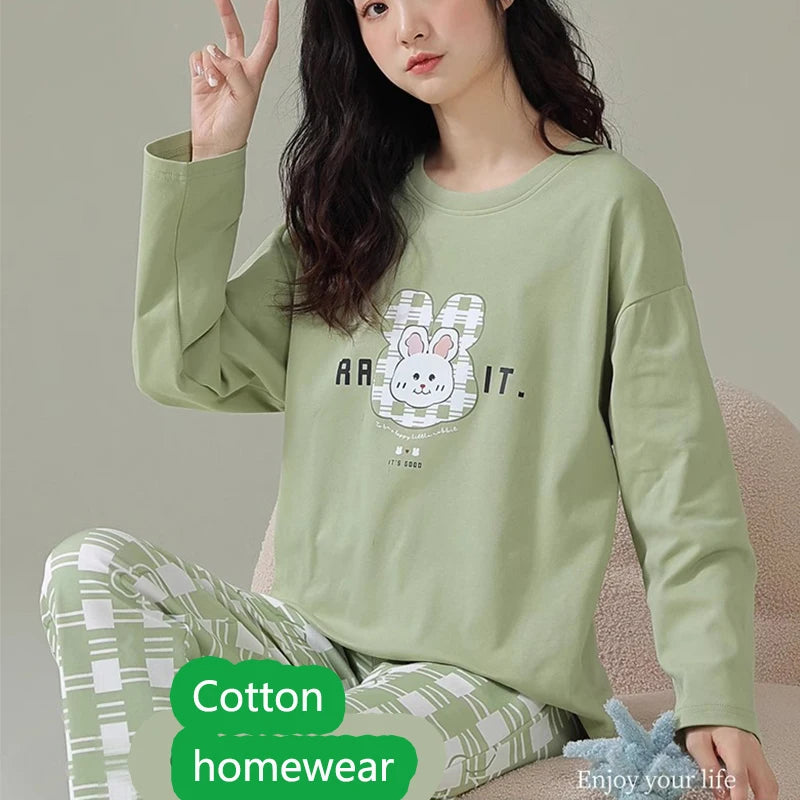 Cotton High Quality Large Size Ladies Pullover Long-Sleeved Cartoon Home wear 2PCS/Set
