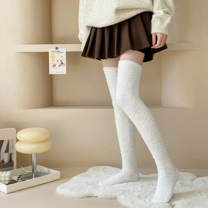 Fuzzy Fleece Over Knee Socks Plush Cozy Lined Terry Socks