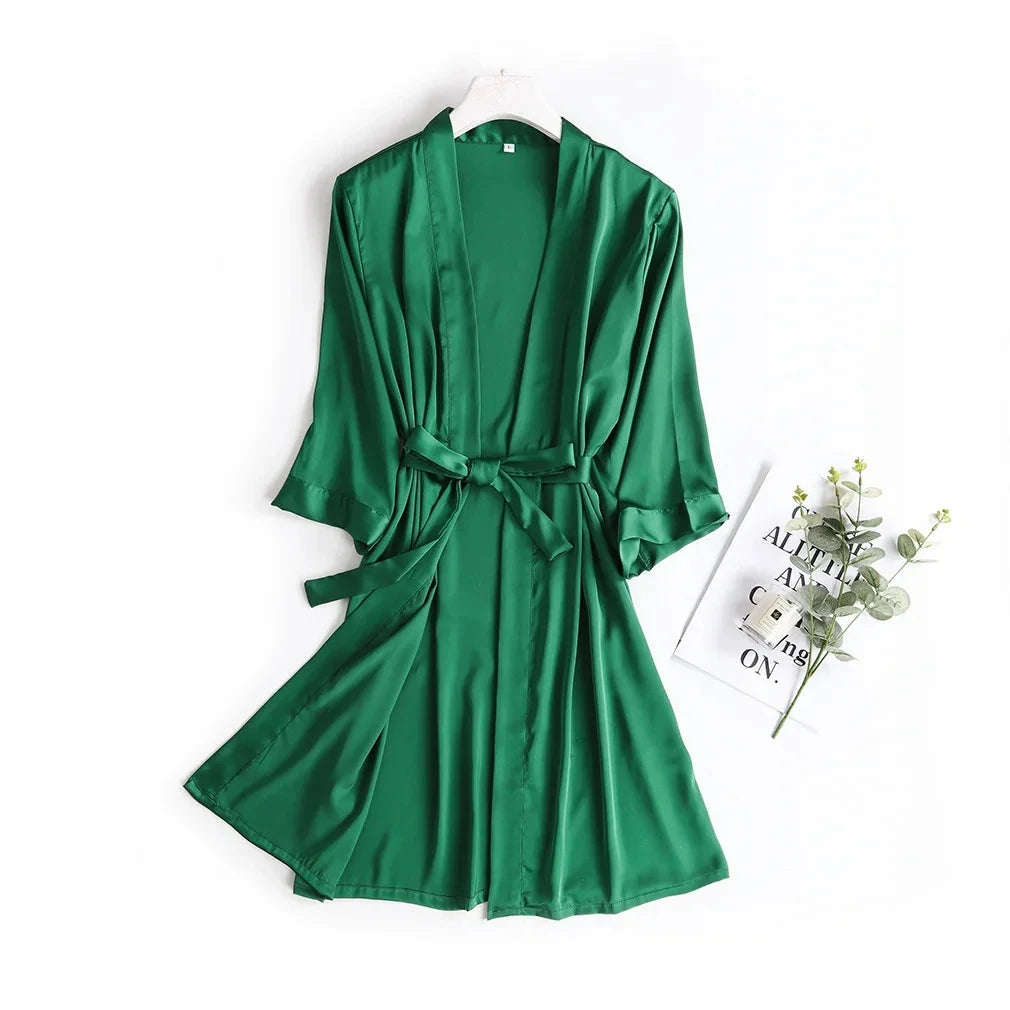 Ladies Bride- style Morning 3/4 Sleeve Loose Female Silk Satin Kimono Lingerie Gown