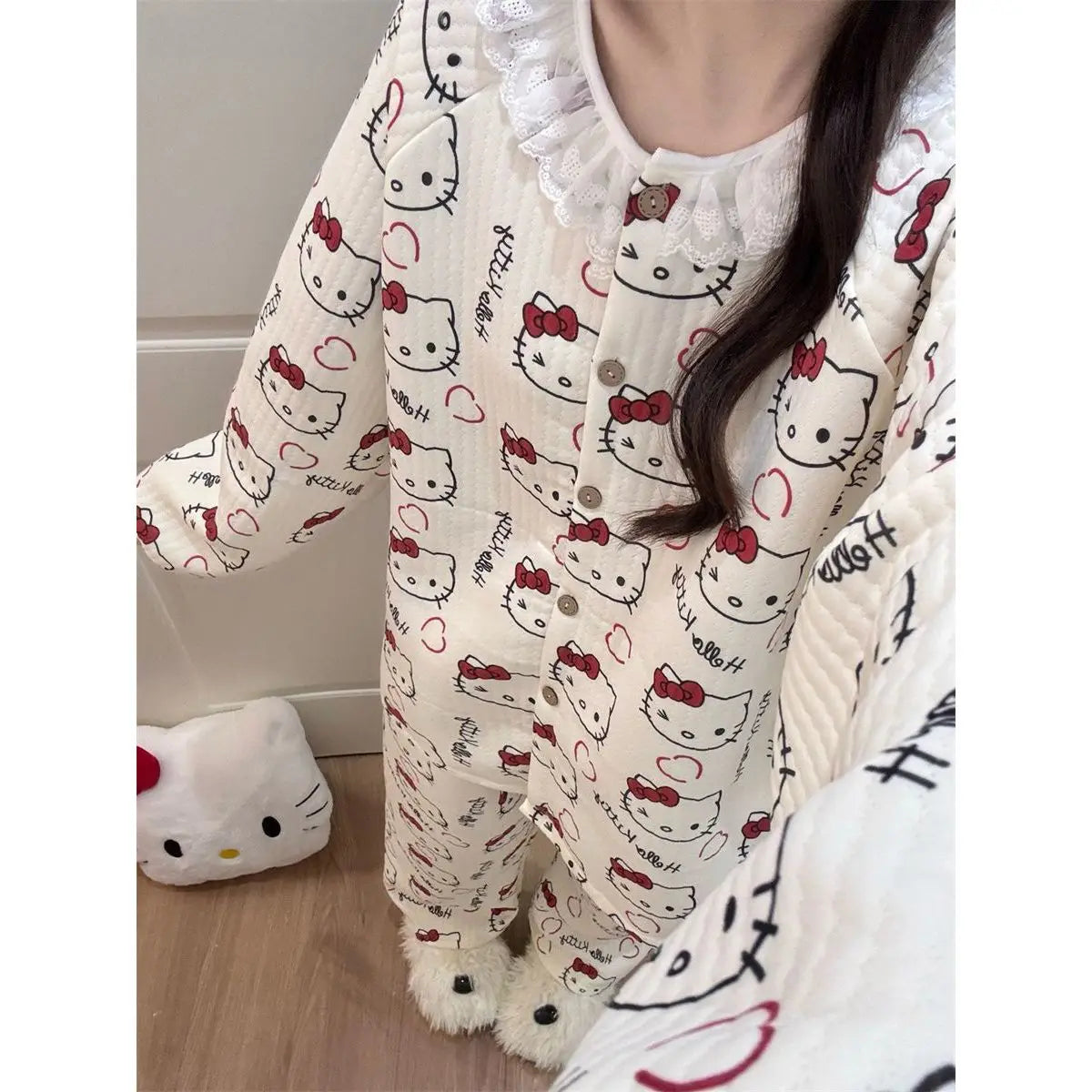 Hello Kitty Women's Plush Sweet Heart Lace Trim Long Sleeve Pants Cozy Home Loungewear