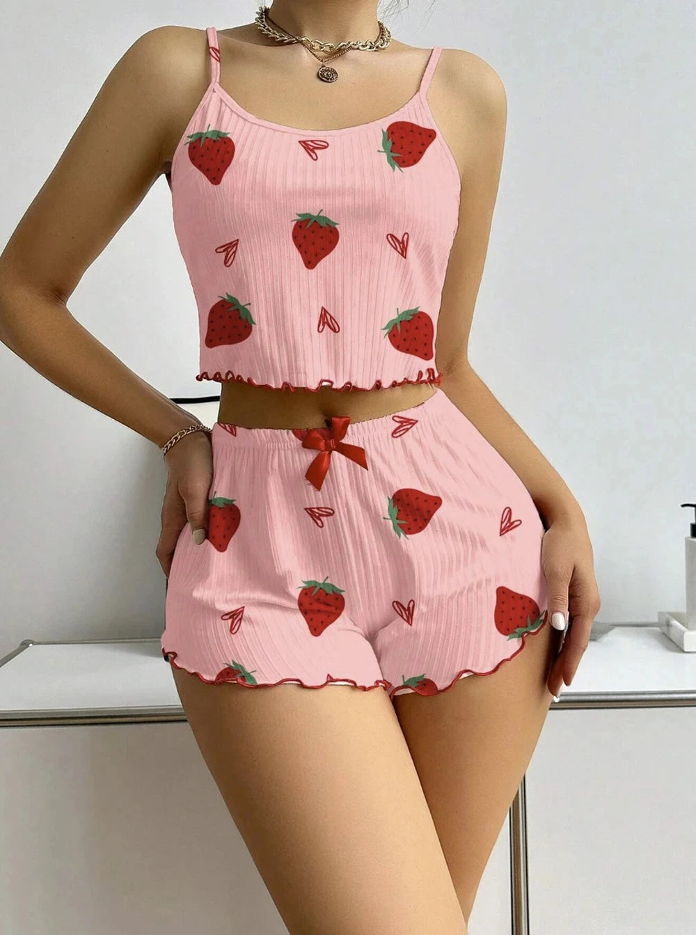 Strawberry Print Ribbed Two-Piece Knit Camisole Pajama Set