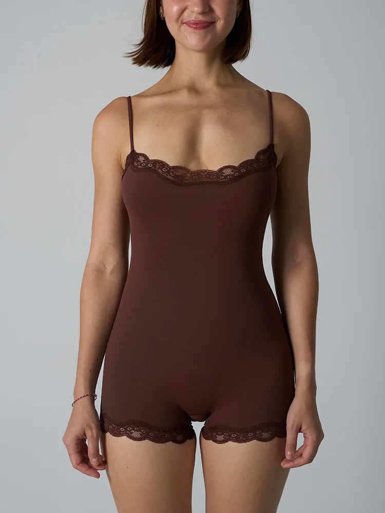 Sexy Lace Patchwork Camisole Square Neck Spaghetti Strap Onesie