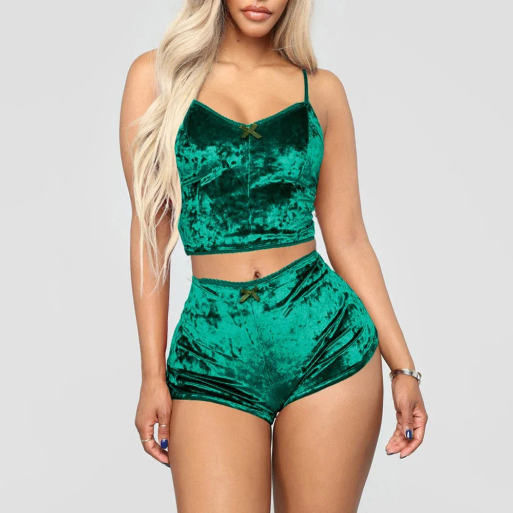 Velvet Polyester Comfortable V Neck Underwear Crop Top + Shorts Pajama Set