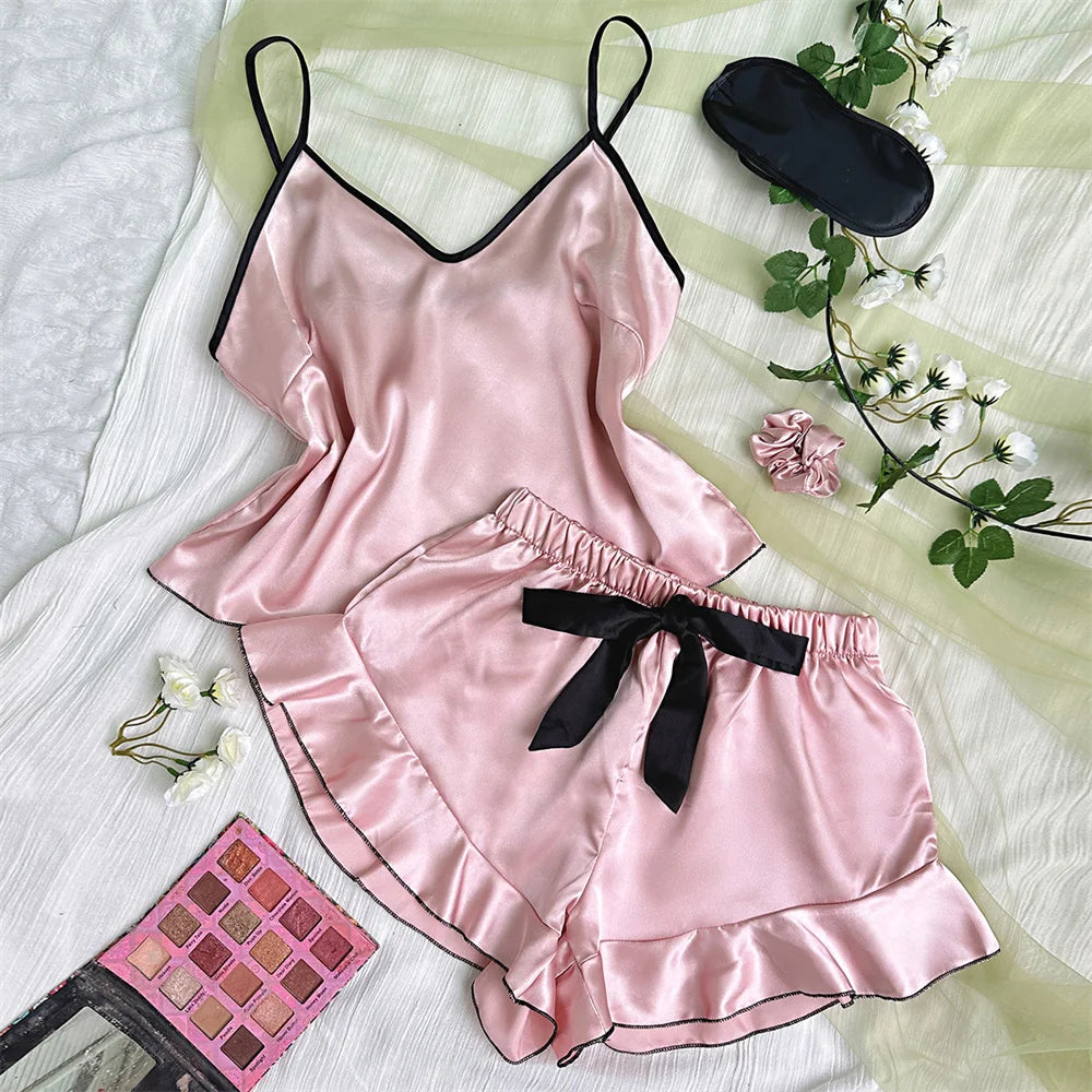 Smooth Satin Pajamas V-Neck T-Shirt Ruffled Edges And Bow Shorts Pajama Set