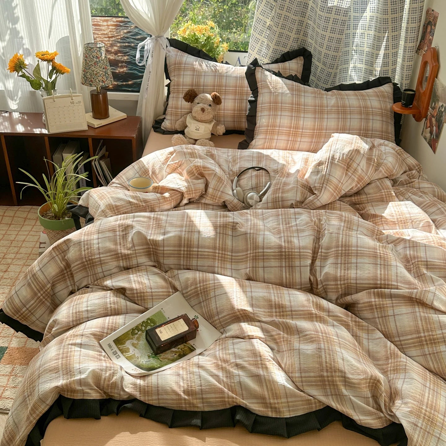 Plaid Bedding Set Double Yarn Classic Vintage Duvet Cover Set Flat Sheets Set 2 Pillowcases