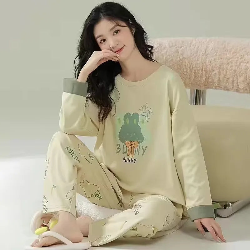 Cotton High Quality Large Size Ladies Pullover Long-Sleeved Cartoon Home wear 2PCS/Set