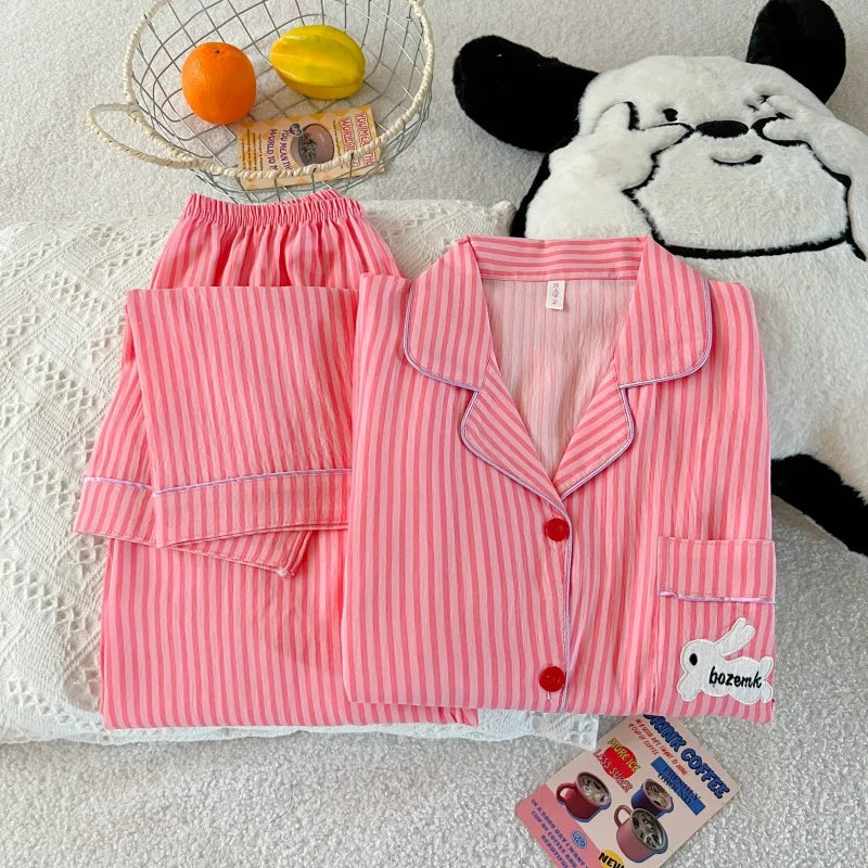 Embroidery Letter Striped Rabbit Print Long Sleepwear Two-piece Women's Pajamas