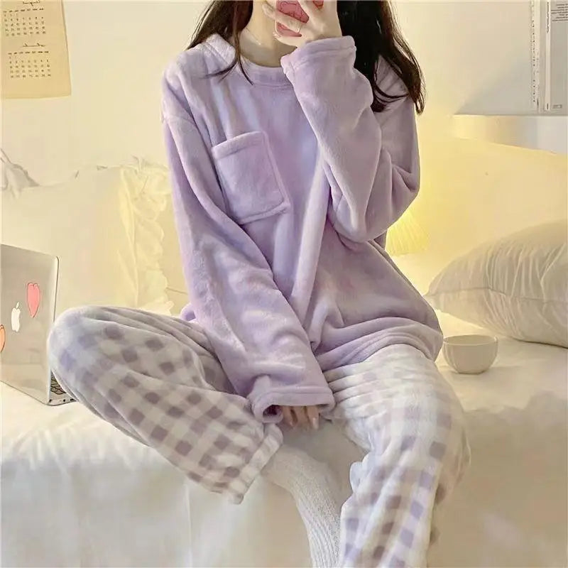 Kawaii Flannel Pullover Coral Velvet Pajamas