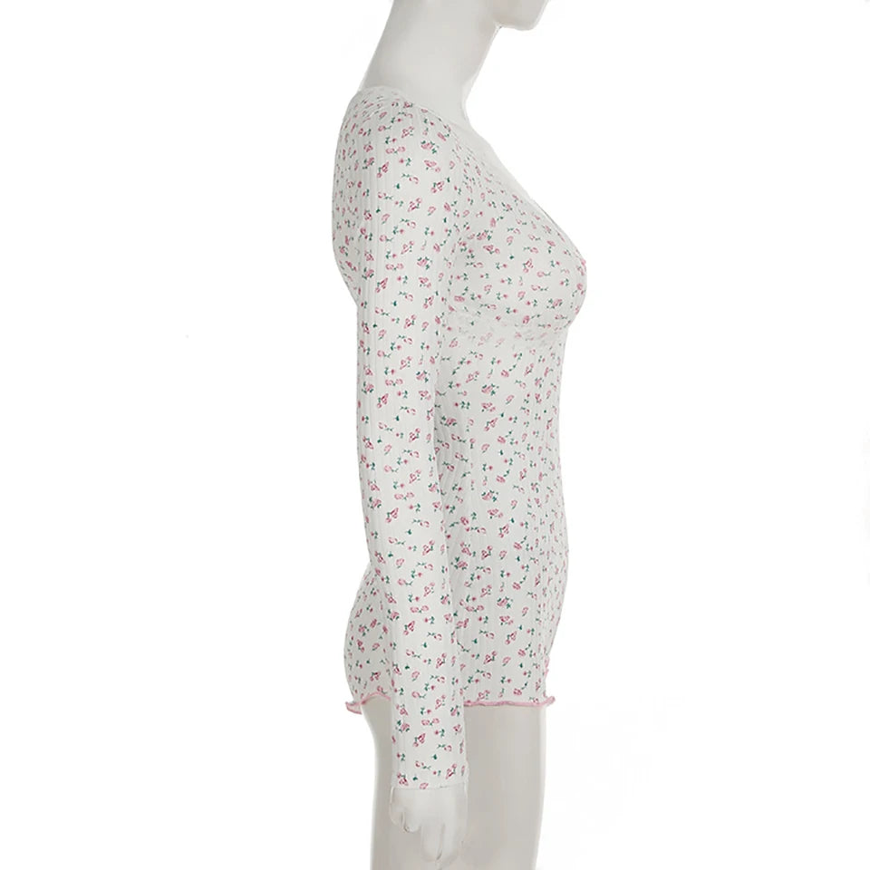 Floral Print V-neck Lace Trim Knitted Long Sleeve Cute Aesthetic Rompers