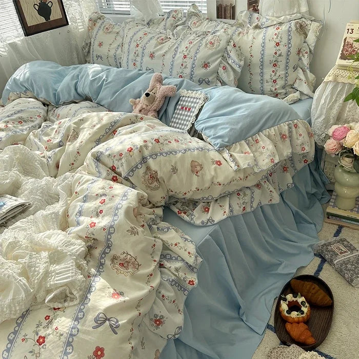 Princess Style Floral Ruffles Bedding Set Skin-friendly Soft Duvet Cover Set Bed Sheet Or Bed Skirt Pillowcases