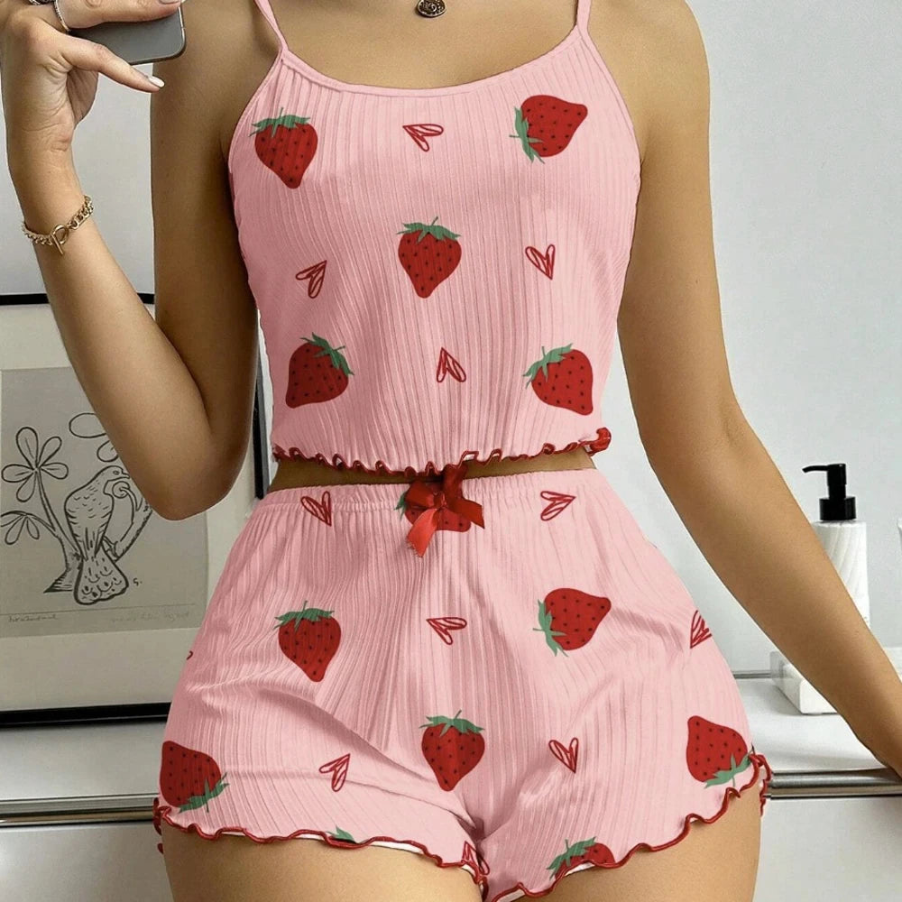 Strawberry Print Ribbed Two-Piece Knit Camisole Pajama Set