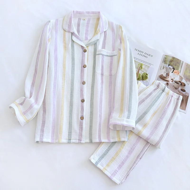Ladies 100% Cotton Crepe Long sleeved Pants Two-piece Cute and Sweet Set