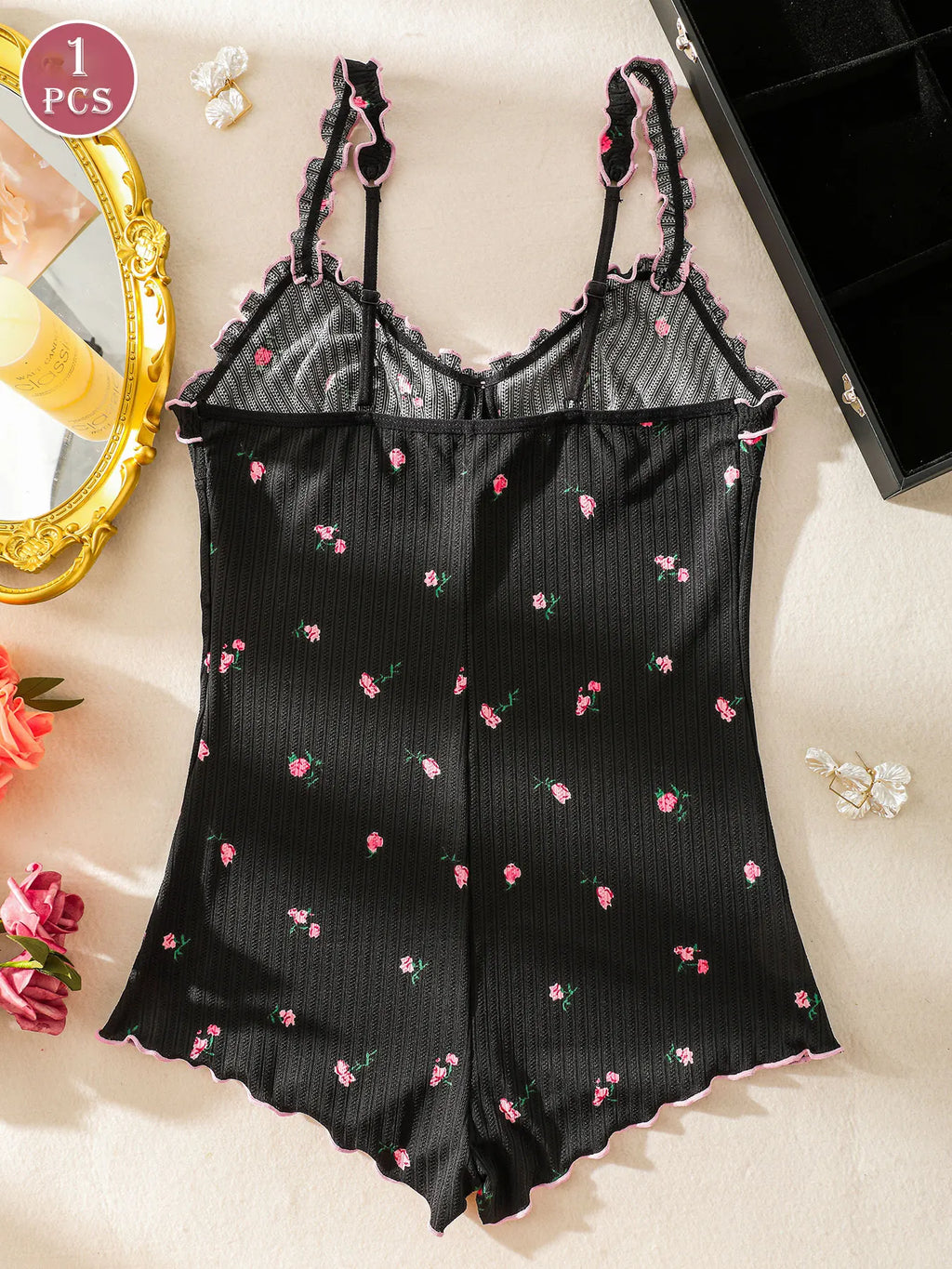 Cute Black Embroidered Rose One-piece Sleeveless Pajama Jumpsuit