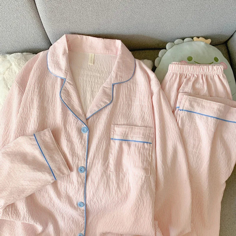 Cloud Soft Cotton ong-Sleeved Top with Long Trousers Sweet and Cute Pajama Set