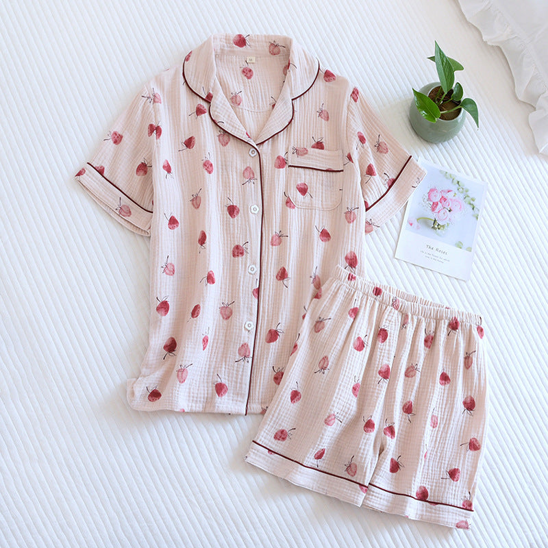Japanese Short-sleeved Shorts Two-piece Ladies Cotton Crepe Cute Fresh Loose Set