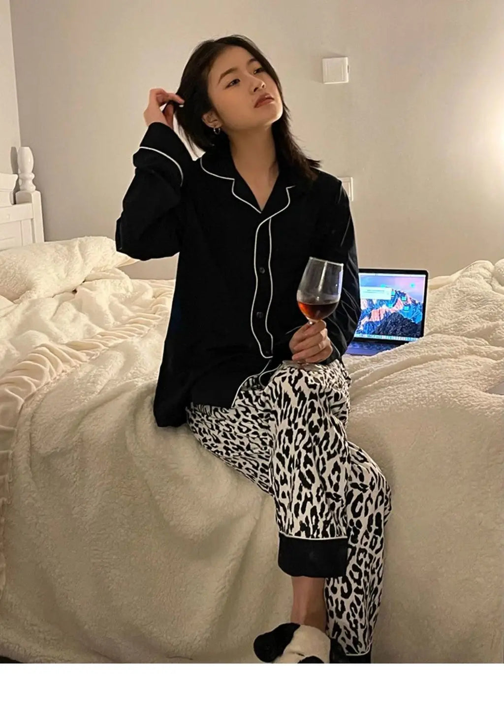 Ladies Black Leopard Cardigan Set