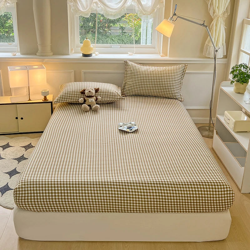 Plaid Style Fitted Sheet Skin-friendly Bed Cover Elastic Bedsheet Linen (No Pillowcase)