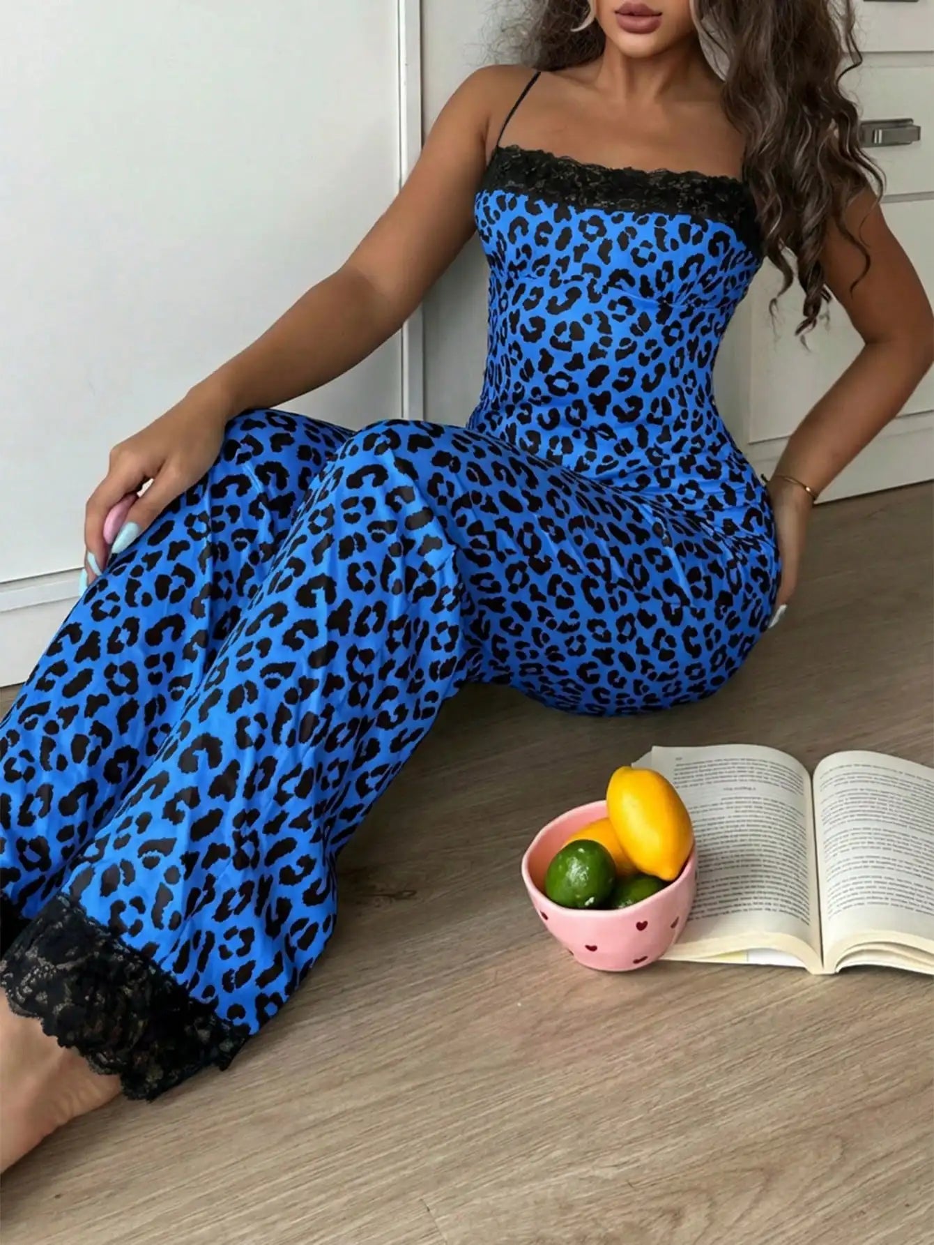 Leopard Print Lace Trim Pajama Set for Women - Silk-Like Satin Sleepwear