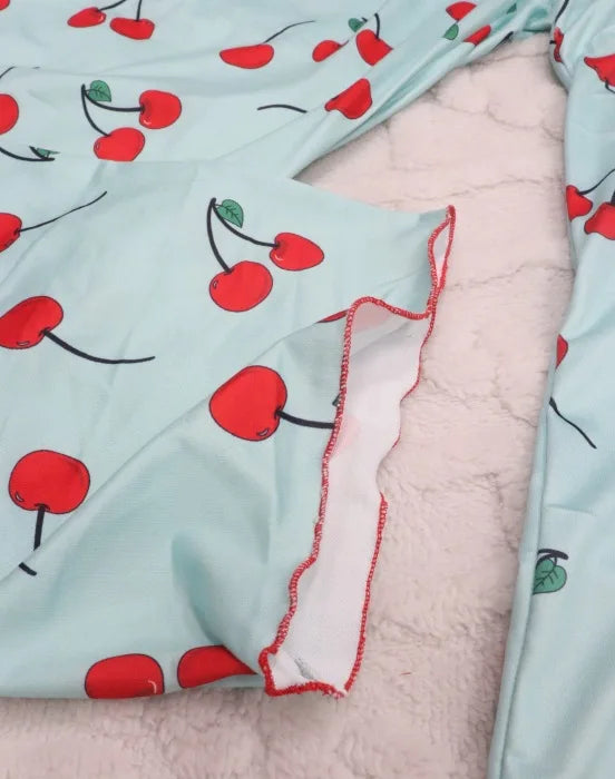 Y2K Coquette Cherry Print Pajama Cami Crop Top Pants Two Piece Loungewear
