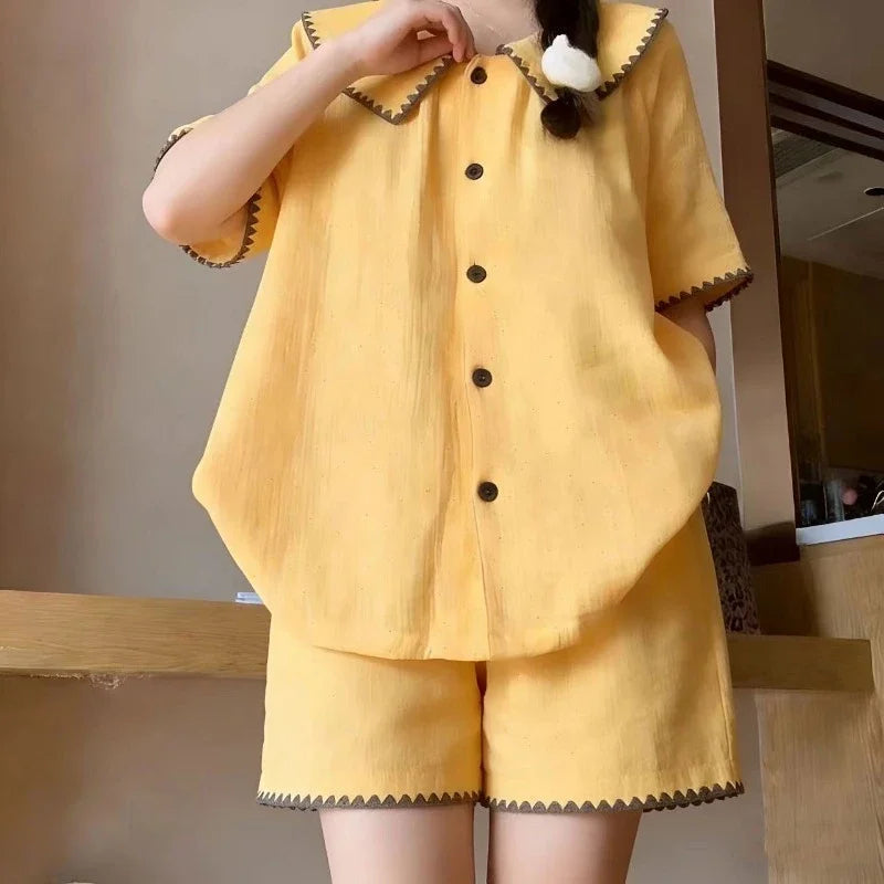Sweet Ruffles Sets 2 Pieces Short Sleeve Night Wears