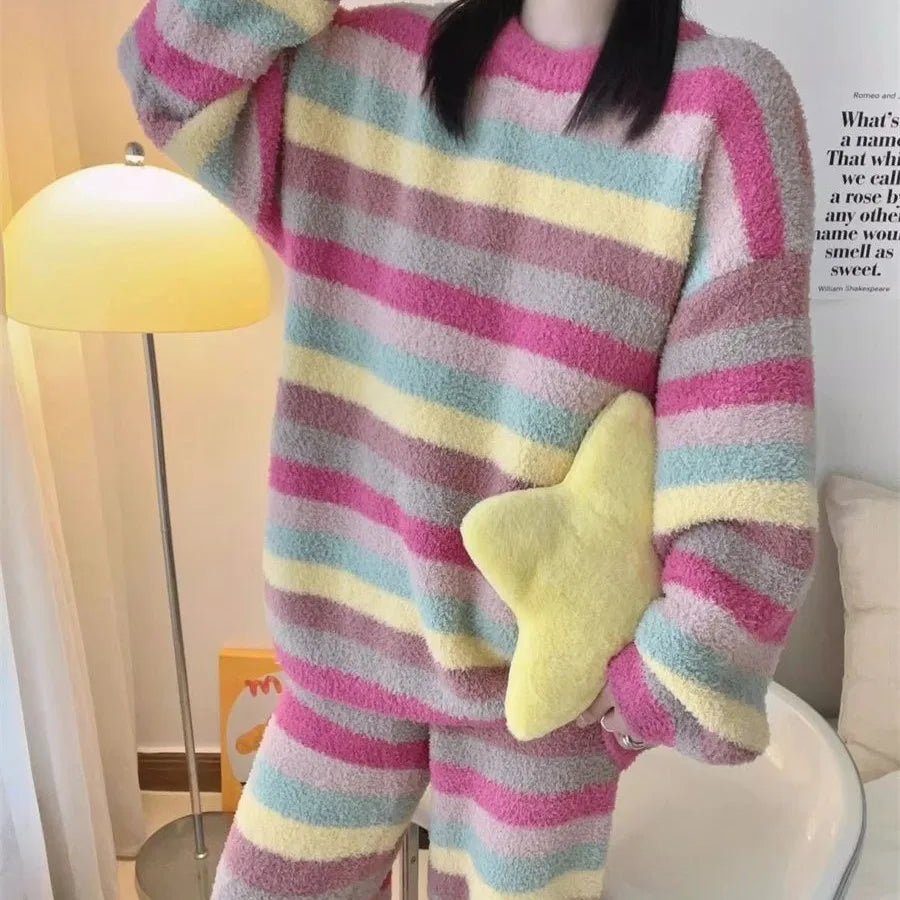 Cute Rainbow Pattern Simple Half-Fleece Warm Pajamas