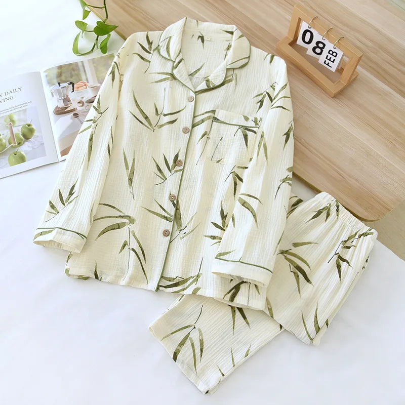 Ladies 100% Cotton Crepe Long sleeved Pants Two-piece Cute and Sweet Set