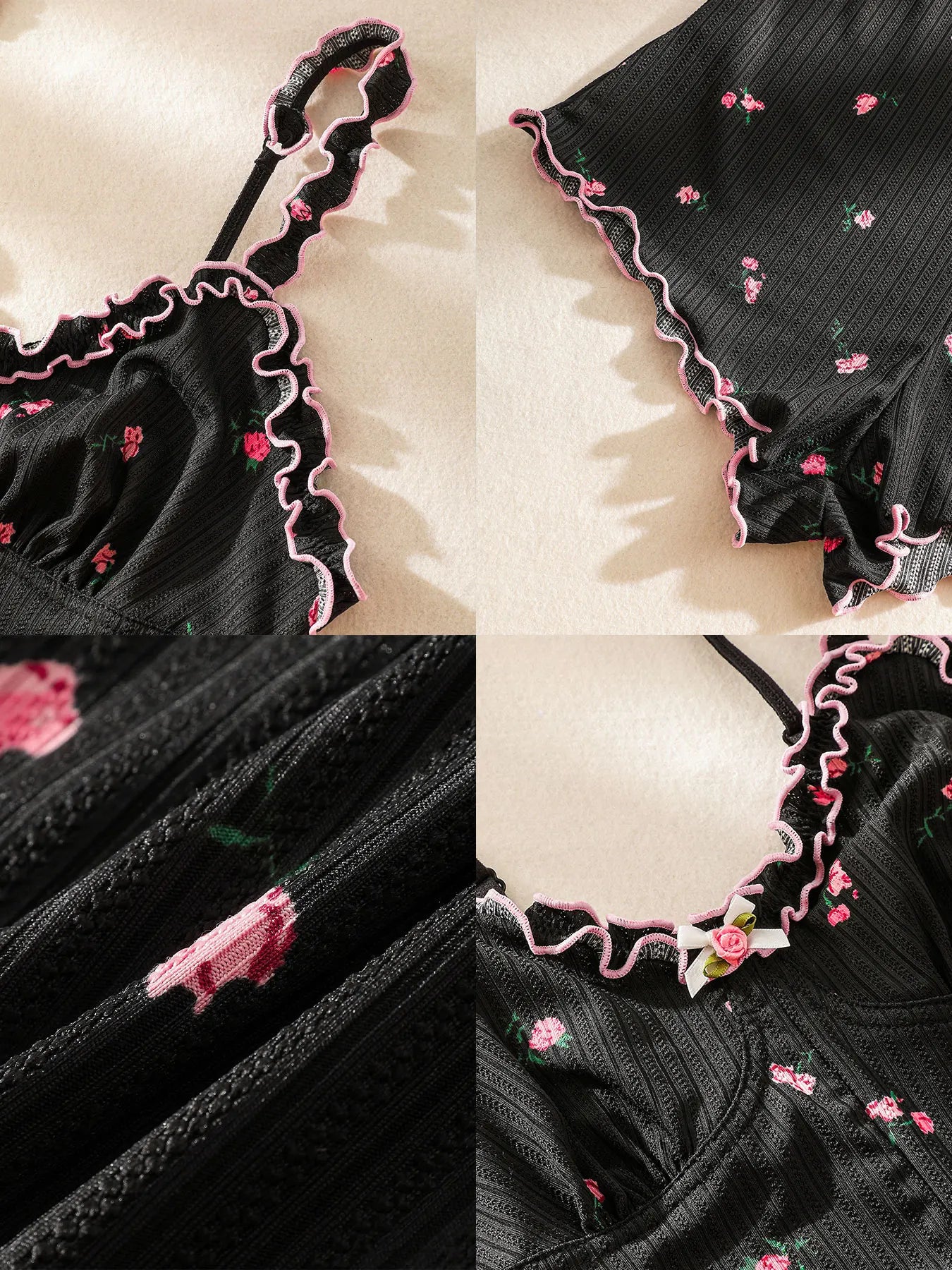 Cute Black Embroidered Rose One-piece Sleeveless Pajama Jumpsuit