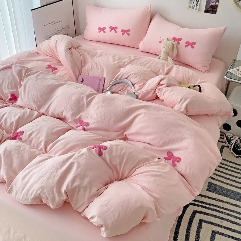 3D Embroidered Bow Quilt Set Cotton Pink Comfortable Soft Bedding